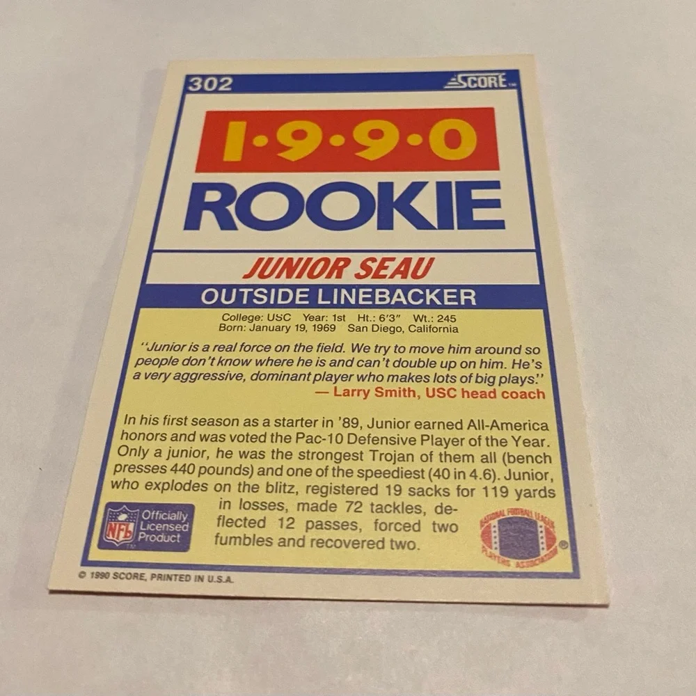 Junior Seau 1990 RC Rookie Score Football Card # 302 Vintage Collectible